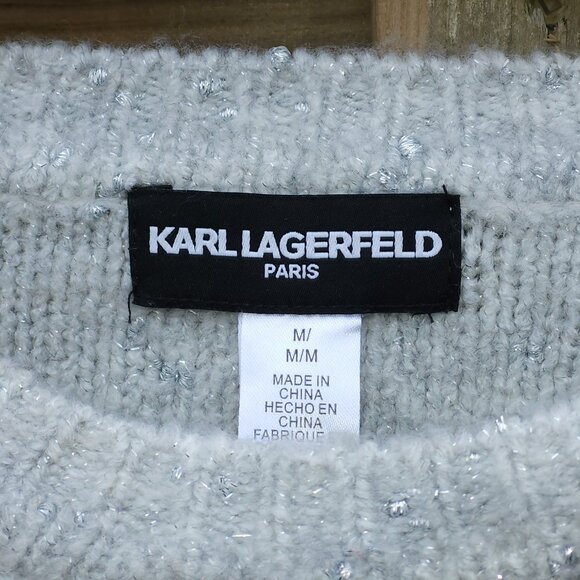 KARL LAGERFIELD Paris BONJOUR Sweater Silver Sparkle Woman's Medium Ice Breaker - Picture 2 of 6